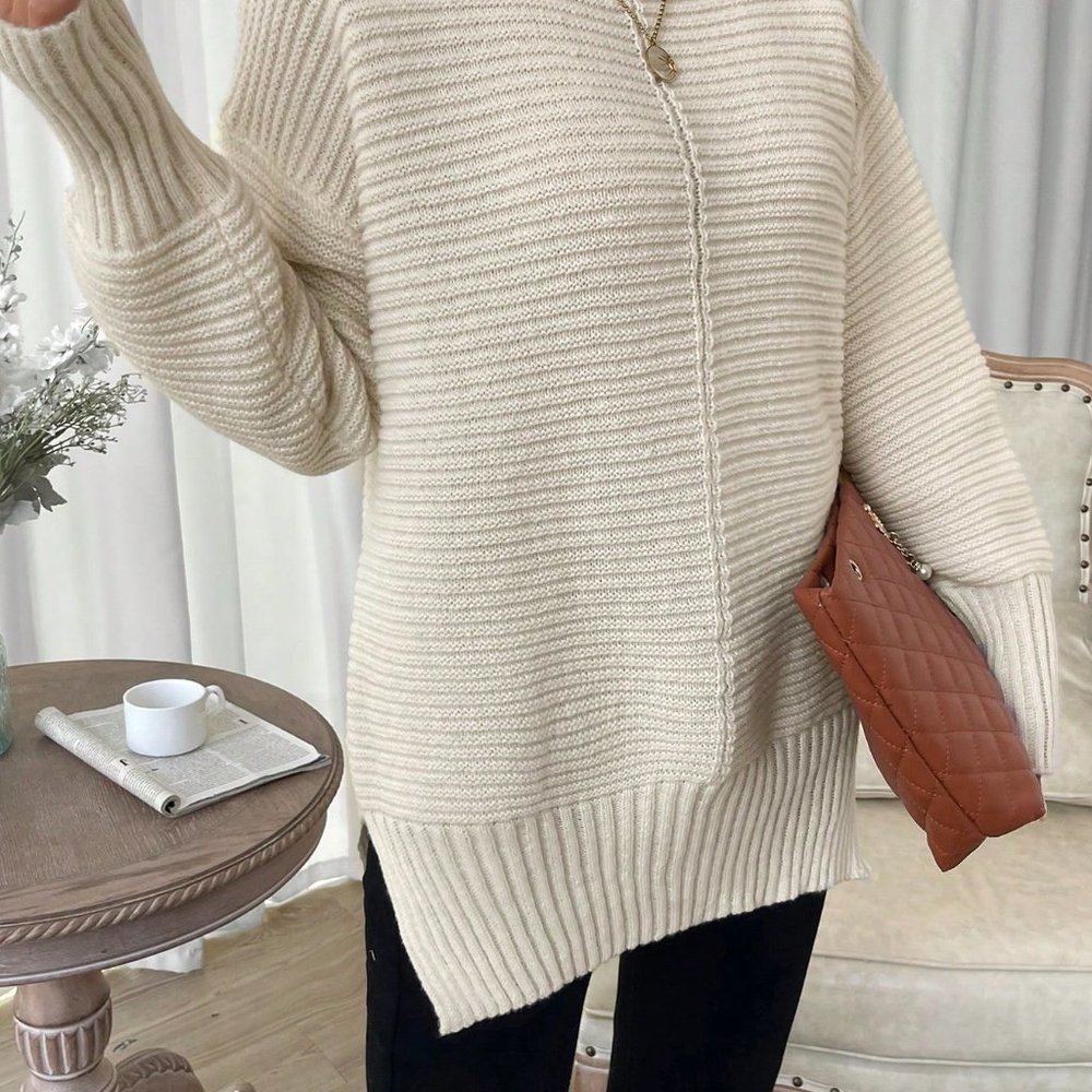 Apricot Casual Womens High Neck Drop Shoulder Split Hem Sweater - Picture 4 of 5